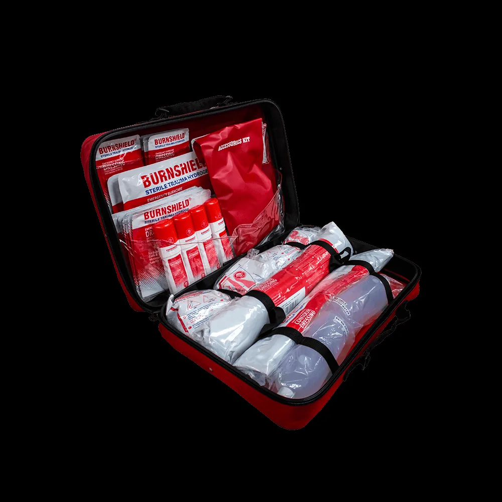 Kitul Burnshield Combi deschis, cu pansamentele și hidrogelul la vedere